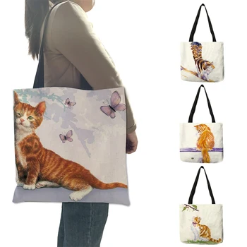 Dámy Nákupné Tašky Kabelky Roztomilý Akvarel Pastoračnej Mačka Maľované Handričkou Tote Tašky Ženy Eco Opakovane Ramenný Shopper Tašky