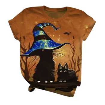 Dámy T-shirts Halloween Cat Vytlačené Žien Bežné Krátke Rukávy Topy Tričko S Okrúhlym Výstrihom Blusas футболка 2020 женская