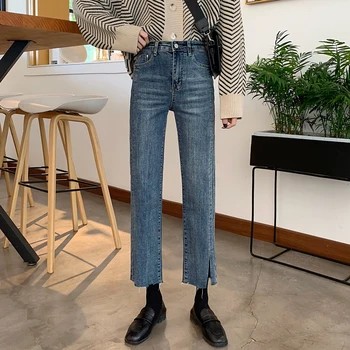 Džínsy Ženy Rovno Slim Streetwear Denim Bežné Členok-dĺžka kórejský Štýl Vintage Elegantné Nohavice Pevné Módne Retro All-zápas