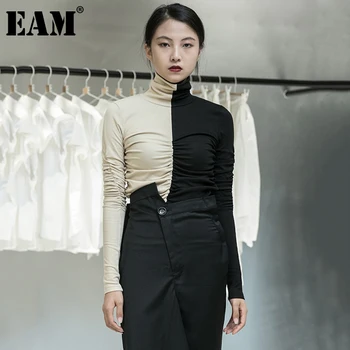 [EAM] Ženy Black Kontrast Farieb Temperament T-shirt Nové Turtleneck Dlhý Rukáv Fashion Príliv Jar Jeseň 2021 1DA914