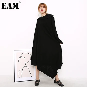 [EAM] Ženy Black Nepravidelný Dlho Veľká Veľkosť Pletenie Šaty Nové Turtleneck Dlhý Rukáv Loose Fit Móda Jeseň Zima 2021 AS17111