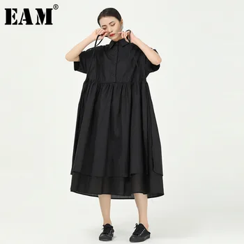 [EAM] Ženy Black Nepravidelný Skladaný Veľká Veľkosť Šaty Nové Klope Krátky Rukáv Loose Fit Módne Príliv Jar Leto 2021 1W101