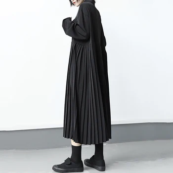 [EAM] Ženy Black Stručný Skladaný Veľká Veľkosť Šaty Nové Klope Dlhý Rukáv Loose Fit Módne Príliv Jar Leto 2021 1X315
