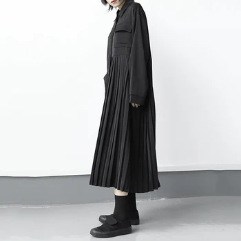 [EAM] Ženy Black Stručný Skladaný Veľká Veľkosť Šaty Nové Klope Dlhý Rukáv Loose Fit Módne Príliv Jar Leto 2021 1X315