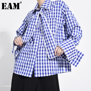 [EAM] Ženy Modré Kockované Steh Veľké rozmery, Blúzky, Nové Klope Dlhý Rukáv Voľné Nosenie Tričko Fashion Príliv Jar Jeseň 2021 1X78205
