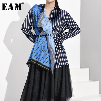 [EAM] Ženy Modré Pruhované Asymetrické Veľké rozmery, Blúzky, Nové Klope Dlhý Rukáv Voľné Nosenie Tričko Fashion Jar Jeseň 2021 WE926