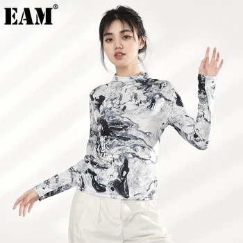 [EAM] Ženy Vzor Vytlačené Modrou Temperament T-shirt Nové Turtleneck Dlhý Rukáv Fashion Príliv Jar Jeseň 2021 1DD005305