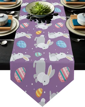 Easter Bunny A Vajcia Fialové Pozadie Stôl Runner Hotel Stolové Prestieranie pre Svadobné Domova Jedálenský Stôl Obrus Dekor