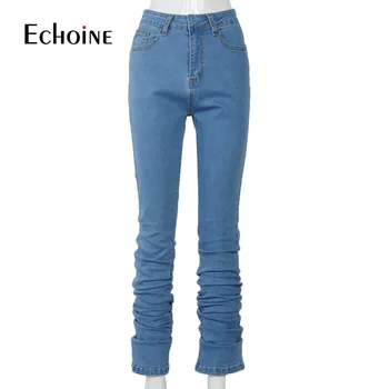 Echoine 2020 horúca Jeseň Zima Ženy Vysoký Pás Sexy Skladaný Džínsy Bežné Streetwear Módy Bodycon Nohavice cargo Nohavice