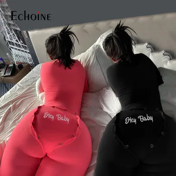 Echoine Jeseň Zima ženy výšivky Sexy Dospelých Onesies Dlho sleepwear Tlačidlo tvaru Pajama Remienky Ženy Jumpsuit Odev