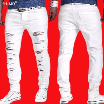 EH · MD® Biela Diera Poškriabaniu Jeans pánske Bavlnené High Street Urban Úsek Čierne Nohavice Slim Priedušná Tenké Nohy, Pohodlné 2020