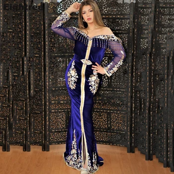 Eightree Modrá Alžírskej Kaftane Večerných Šiat, Maroko Velvet Zvláštne príležitosti Šaty Čipky Appliques Oblečenie Prom Party Šaty