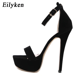 Eilyken Platformu vysoké podpätky Sandále Ženy lete stiletto Otvorené prst Strany Dámy topánky Sexy Členok Popruh Čierne Sandále, Veľkosť 42
