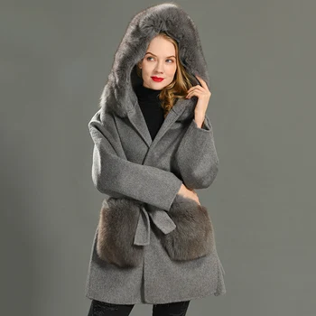 Elegantné dámske Cashmere Vlny Kabát s Fox Kožušiny Hood Zime Veľké Fox Kožušiny Vrecká Belted Bundy Farbou Srsti Žena vrchné oblečenie