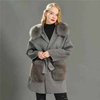 Elegantné dámske Cashmere Vlny Kabát s Fox Kožušiny Hood Zime Veľké Fox Kožušiny Vrecká Belted Bundy Farbou Srsti Žena vrchné oblečenie