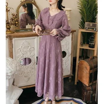 Elegantné fialové Šaty Žien Kvetinový Retro Víla Midi Šaty Žena Čipky Bežné Elegantné jednodielne Šaty 2020 Jeseň Oblečenie pre Ženy