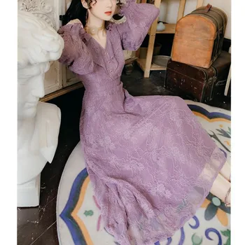 Elegantné fialové Šaty Žien Kvetinový Retro Víla Midi Šaty Žena Čipky Bežné Elegantné jednodielne Šaty 2020 Jeseň Oblečenie pre Ženy