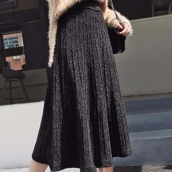Elegantné Jeseň Zima Dlhé Pletené Sukne Ženy kórejský Módne Striebro Lurex Svieti Vysoký Pás A-line Skladaný Sukne Midi Dĺžka
