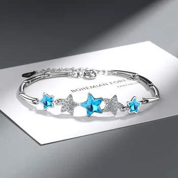Elegantné Modré Crystal Pentagram Reťazí Náramok 925 Sterling Silver Cubic Zirconia Náramok Pre Svadobný Dar S-B299