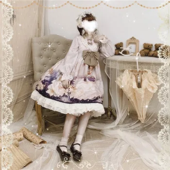 Elegantné Princezná Sladké Lolita Retro Swan Amor Vytlačené OP Šaty Kawaii Lístkového Rukáv Roztomilý Čela Čipkou Trim Volánikmi Šaty Jar