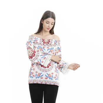 Elegantné t-shirts Estetika Mimo Ramenný Tlač Topy Lady Pevné Svetlice Rukávy Príležitostné Voľné Top Camisetas Verano Mujer 2020