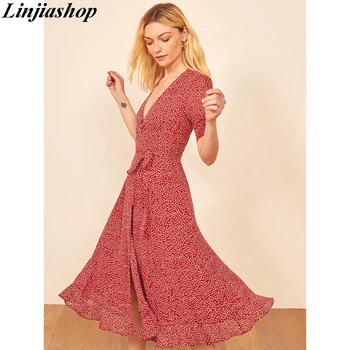Elegantné Vintage francúzskej šifón červená midi šaty v krku reformácie V súlade s oknami voľné pás jeseň party šaty žien vestidos