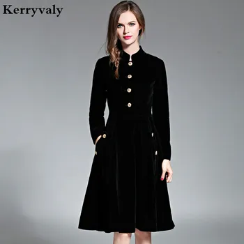 Elegantné Čierne Zamatové Šaty Zimné Šaty Žien 2021 Vestido Vintage Dlhý Rukáv Dámske Šaty Tunique Femme Dames Jurken 72990