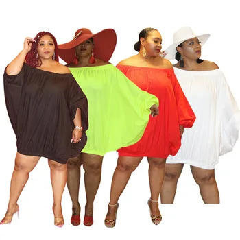 Elegantné Ženy Farbou Nafúknuté Šaty Veľká Veľkosť Sexy Lady Lomka Krk Dlhý Rukáv Voľné Podkolienok Šaty 2020 Letné Novinky