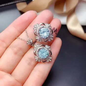 Elegantný ocean blue Topaz prsteň a náhrdelník pre ženy, skutočné 925 silver prírodný klenot ohňostroj farieb nové designment darček k narodeninám