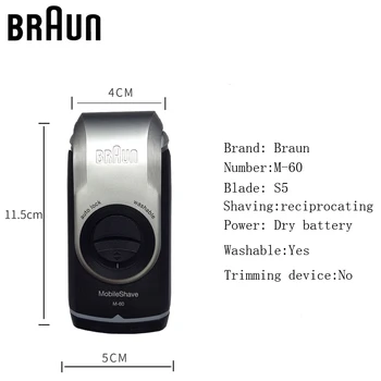 Elektrické holiace strojčeky Braun M60 Prenosné Umývateľný Starostlivosť o Tvár Vlasov Fúzov Holiaci strojček Kovové Striebro Bezpečnosti Pomocou 2 AA Batérie(nie include)