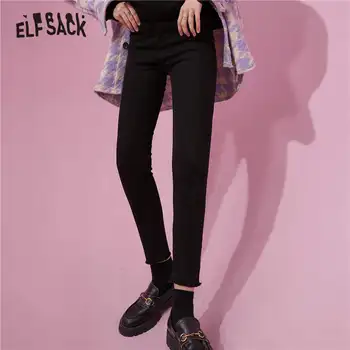 ELFSACK Black Pevné Vysoký Pás Bežné Ženy Ceruzka Džínsy,2020 Jeseň ELF Čistý Minimalistický kórejskej Ženy Denne Baisc Nohavíc