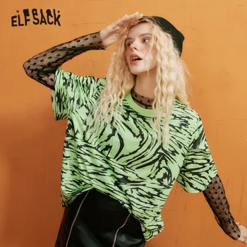 ELFSACK Harajuku Leopard Bežné T-Shirts Ženy, Topy,2020 Jeseň ELF Zelená Prekladané Krátky Rukáv kórejský Dámy Denne Basic Tee