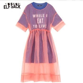 ELFSACK Oka Patchwork List Tlač Ženy T-shirt Šaty Módne Streetwear Ženské Šaty 2019 Lete-line Žena Plážové Šaty