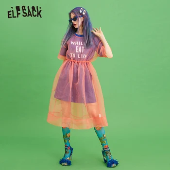 ELFSACK Oka Patchwork List Tlač Ženy T-shirt Šaty Módne Streetwear Ženské Šaty 2019 Lete-line Žena Plážové Šaty