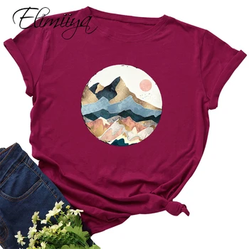 Elimiiya Nové dámske tričko Horských Tlač Bavlnené tričko Tvorivé Voľné bežné Topy Grafické Tees Nadrozmerná T-shirts 2021 Žena