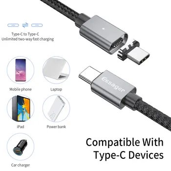 Essager 5A Magnetické USB Typu C, USB C Kábel Pre MacBook Pro 100W PD Magnet Nabíjačku USB-Typ C-C Drôt, Kábel Pre Samsung Poznámku 10