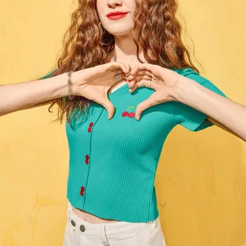 ETOSELL Ženy\ \ 's Fashion tvaru Výšivky Krátkom úseku Vystavení Pupok Pletené Krátke Rukávy T-shirt