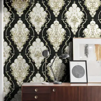 Európska luxusné retro black Damasku horúce lisovanie PVC tapety obývacej izby, spálne, kaviareň v pozadí, chodby, predsiene, tapety,