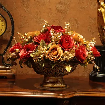 Európska Luxusné Vázy+Umelý Kvet Nastaviť Ornament Ploche Živice Remesiel Dekorácie, Ruže, Črepníkové Kvetiny Usporiadanie Figúrky Umenie