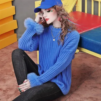 Európsky štýl módy reálne kožušiny putá knitwear pulóvre vysokej kvality dlhý rukáv ženy svetre