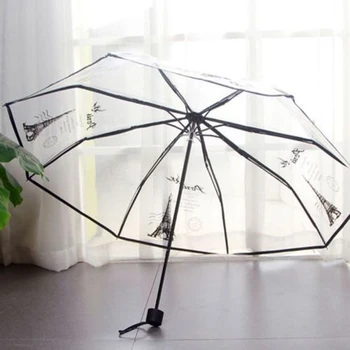 EVA transparentné tlač dáždnik paríž veža 8K hľadiska troch skladací dáždnik non-automatické dievča dážď nástroje Biela Blac