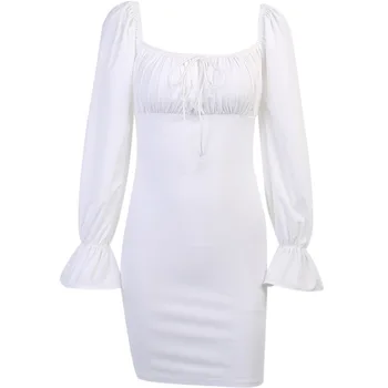 Ezgaga Mini Party Šaty Ženy Dlhé Závoje Rukáv Námestie Golier Ruched Pevné Dámske Sexy Šaty Biele Bodycon Šaty Elegantné 2020