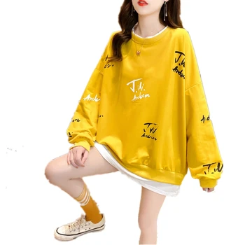 Falošné dvoch-dielny nadrozmerné mikina ženy móda kórejský kawaii crewneck mikina list tlač Topy žien doprava zadarmo
