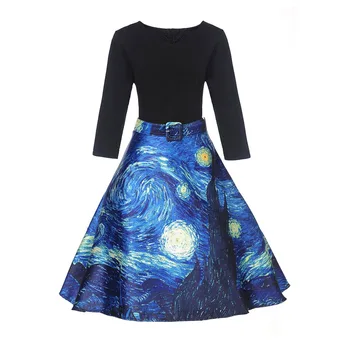Fannic Vintage šaty Vysoký Pás Pracovné oblečenie Midi šaty Dámske Van Gogh maľovanie mraky tlač Jupe Femme 2ks/Set