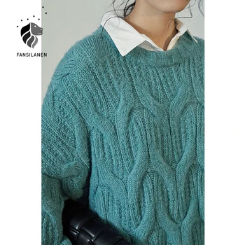 FANSILANEN Svietidla rukáv twist nadrozmerné pletený sveter Ženy modrá jeseň zima bežné pulóver Žena vintage jumper top