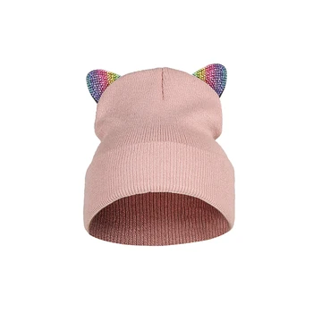 Farebné drahokamu jeseň zimné čiapky mačka ucho pružnosť klobúk ženy klobúk stylise earmuff skullies a čiapky akryl klobúk