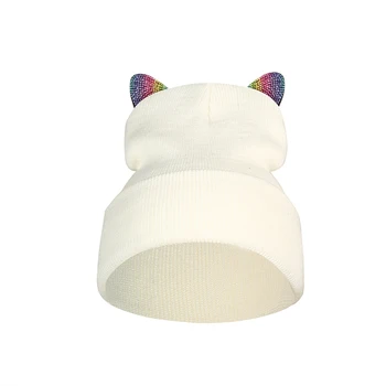 Farebné drahokamu jeseň zimné čiapky mačka ucho pružnosť klobúk ženy klobúk stylise earmuff skullies a čiapky akryl klobúk