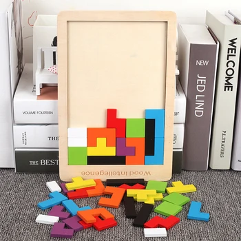 Farebné Drevené 3D Puzzle Tangram Matematika Hračky Tetris Hra Deti predškolského Magination Duševného Vzdelávacie Hračky pre Deti,