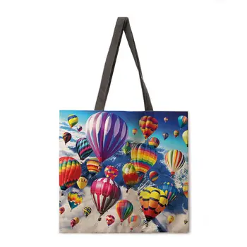 Farebné teplovzdušný balón tlač tote bag bielizeň textílie bežné tote bag taška cez rameno žena plážová taška skladacia nákupná taška