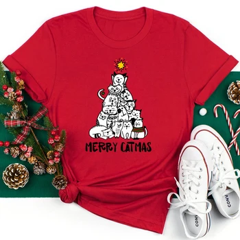 Farebné Veselé Catmas Bavlna T-shirt Roztomilé Vianočné Prázdniny Tričko Ženy Zime Krátky Rukáv Mačka Mama Dovolenku Top Tee Tričko